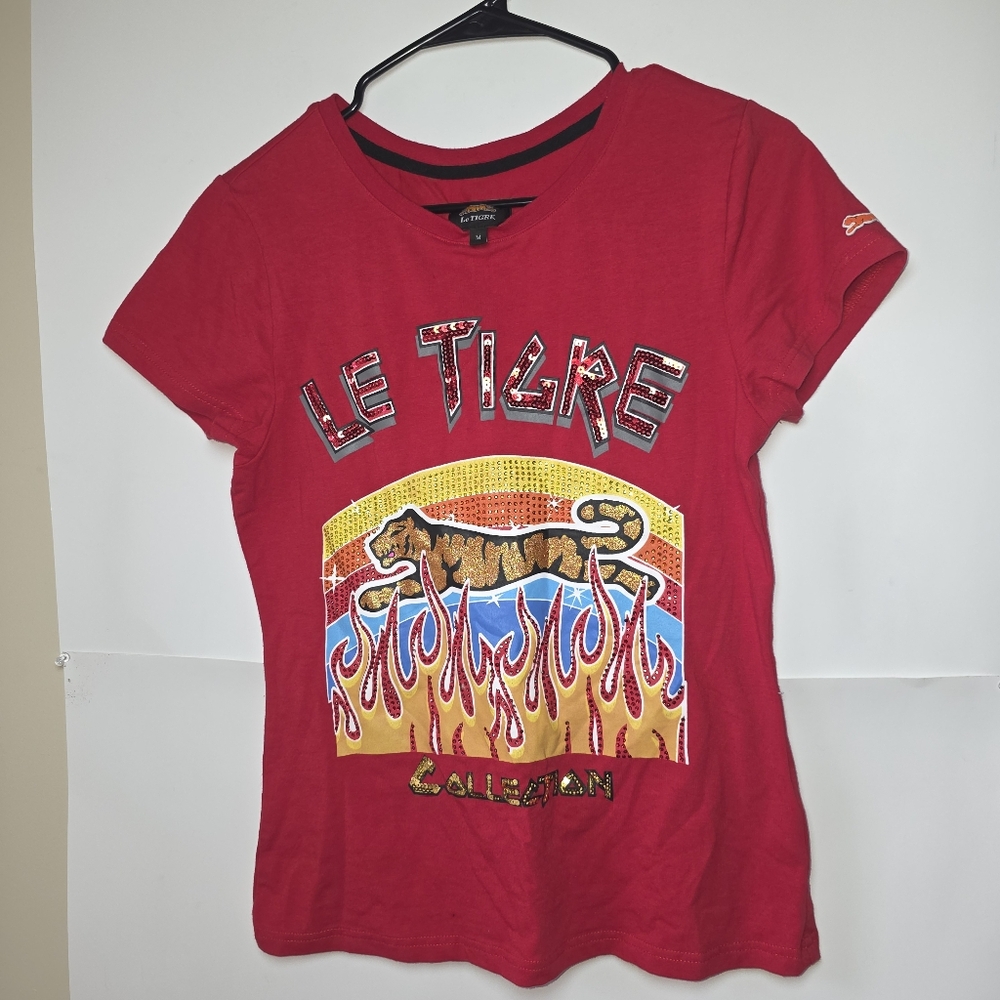 Red Le Tigre Graphic T-Shirt Sequin Beaded Women S/M